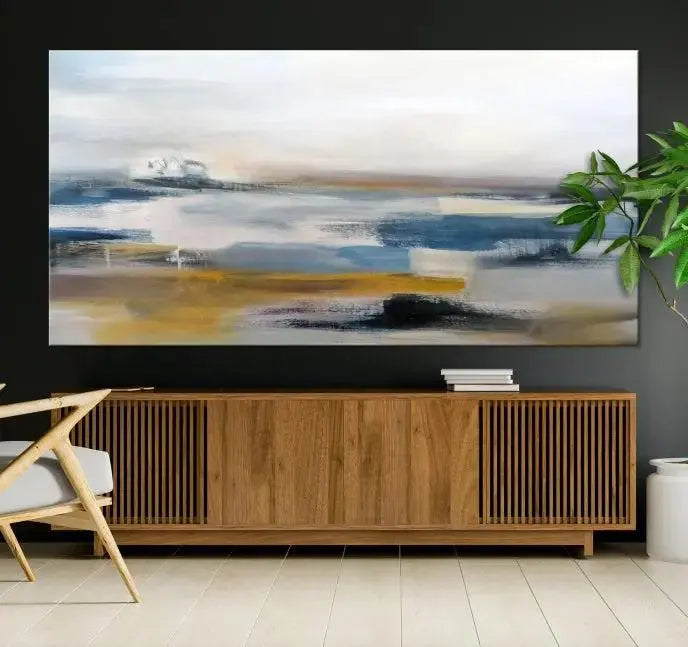 Abstract Landscape Wall Art Canvas | 3 Panel Modern Blue, Gold, and White Canvas Art for Living Room, Bedroom, or Office | Large Abstract Print