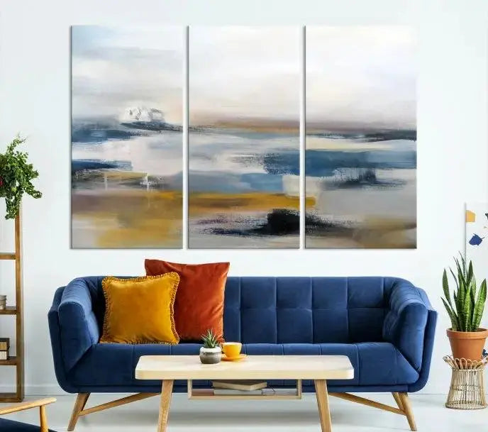 Abstract Landscape Wall Art Canvas | 3 Panel Modern Blue, Gold, and White Canvas Art for Living Room, Bedroom, or Office | Large Abstract Print