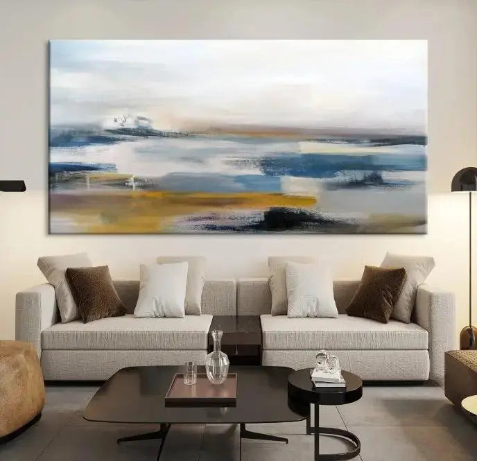 Abstract Landscape Wall Art Canvas | 3 Panel Modern Blue, Gold, and White Canvas Art for Living Room, Bedroom, or Office | Large Abstract Print