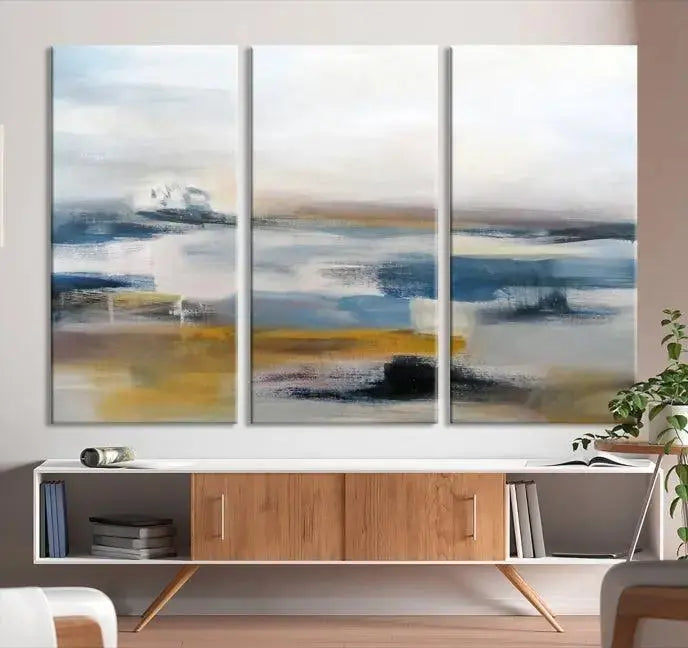 Abstract Landscape Wall Art Canvas | 3 Panel Modern Blue, Gold, and White Canvas Art for Living Room, Bedroom, or Office | Large Abstract Print