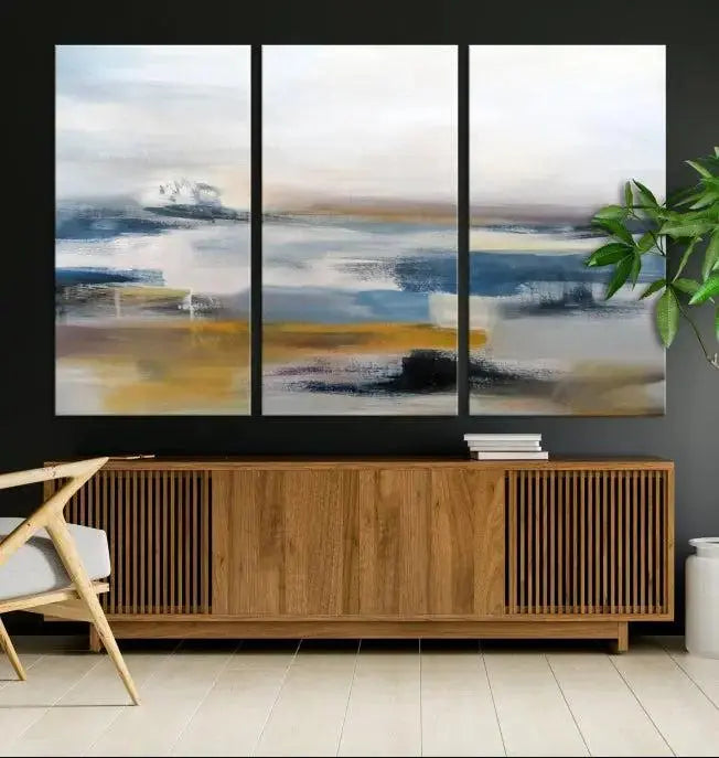 Abstract Landscape Wall Art Canvas | 3 Panel Modern Blue, Gold, and White Canvas Art for Living Room, Bedroom, or Office | Large Abstract Print