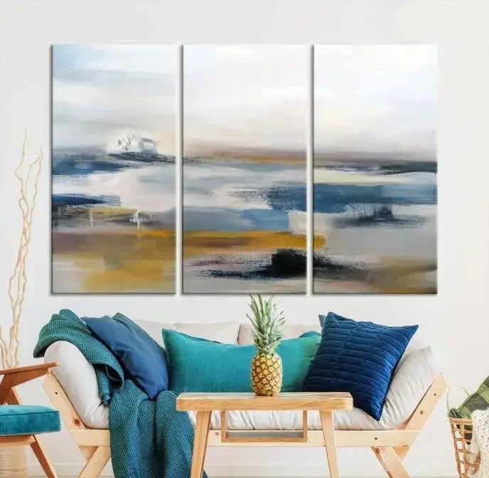 Abstract Landscape Wall Art Canvas | 3 Panel Modern Blue, Gold, and White Canvas Art for Living Room, Bedroom, or Office | Large Abstract Print