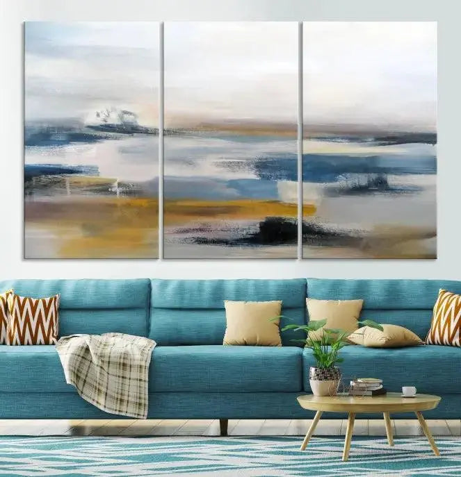Abstract Landscape Wall Art Canvas | 3 Panel Modern Blue, Gold, and White Canvas Art for Living Room, Bedroom, or Office | Large Abstract Print