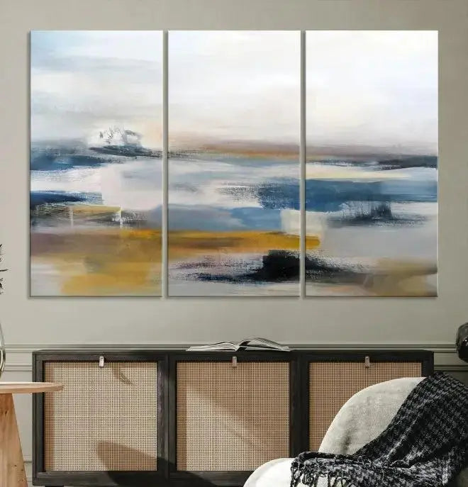 Abstract Landscape Wall Art Canvas | 3 Panel Modern Blue, Gold, and White Canvas Art for Living Room, Bedroom, or Office | Large Abstract Print