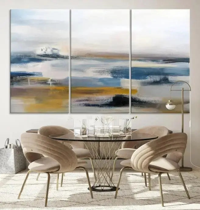 Abstract Landscape Wall Art Canvas | 3 Panel Modern Blue, Gold, and White Canvas Art for Living Room, Bedroom, or Office | Large Abstract Print