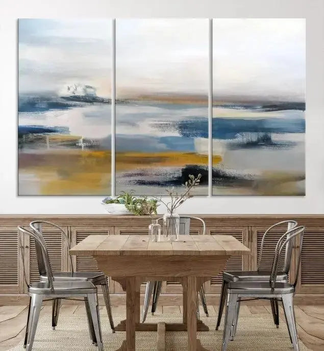 Abstract Landscape Wall Art Canvas | 3 Panel Modern Blue, Gold, and White Canvas Art for Living Room, Bedroom, or Office | Large Abstract Print