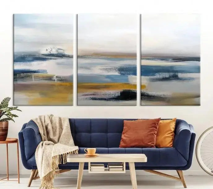 Abstract Landscape Wall Art Canvas | 3 Panel Modern Blue, Gold, and White Canvas Art for Living Room, Bedroom, or Office | Large Abstract Print