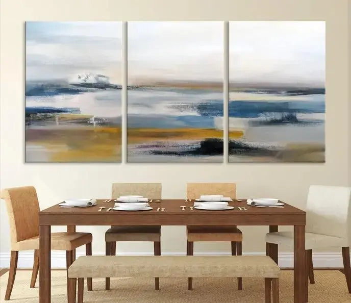 Abstract Landscape Wall Art Canvas | 3 Panel Modern Blue, Gold, and White Canvas Art for Living Room, Bedroom, or Office | Large Abstract Print