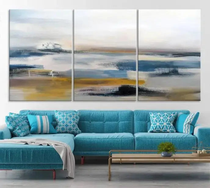 Abstract Landscape Wall Art Canvas | 3 Panel Modern Blue, Gold, and White Canvas Art for Living Room, Bedroom, or Office | Large Abstract Print
