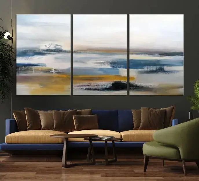 Abstract Landscape Wall Art Canvas | 3 Panel Modern Blue, Gold, and White Canvas Art for Living Room, Bedroom, or Office | Large Abstract Print