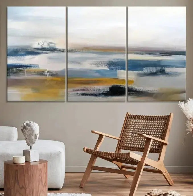 Abstract Landscape Wall Art Canvas | 3 Panel Modern Blue, Gold, and White Canvas Art for Living Room, Bedroom, or Office | Large Abstract Print