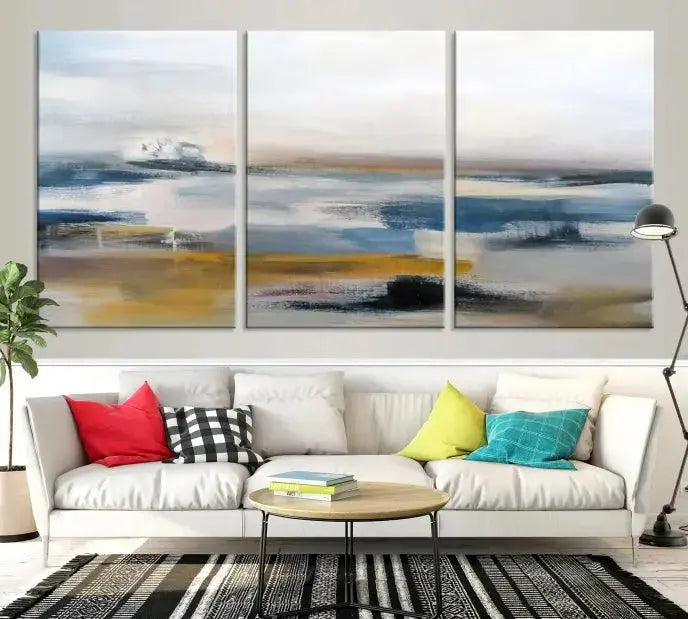 Abstract Landscape Wall Art Canvas | 3 Panel Modern Blue, Gold, and White Canvas Art for Living Room, Bedroom, or Office | Large Abstract Print