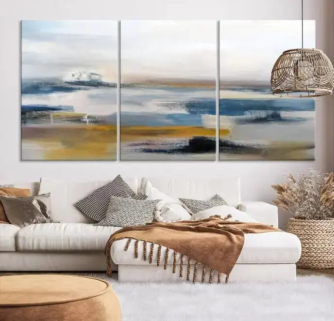 Abstract Landscape Wall Art Canvas | 3 Panel Modern Blue, Gold, and White Canvas Art for Living Room, Bedroom, or Office | Large Abstract Print