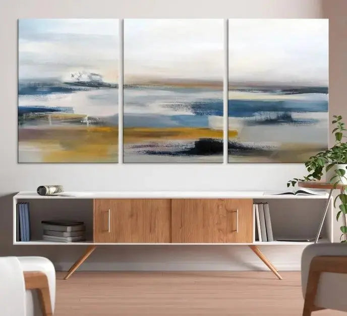 Abstract Landscape Wall Art Canvas | 3 Panel Modern Blue, Gold, and White Canvas Art for Living Room, Bedroom, or Office | Large Abstract Print