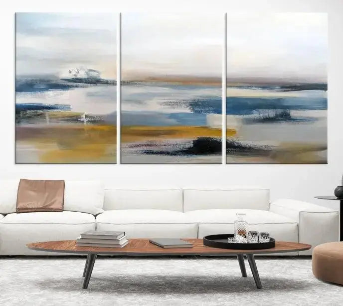 Abstract Landscape Wall Art Canvas | 3 Panel Modern Blue, Gold, and White Canvas Art for Living Room, Bedroom, or Office | Large Abstract Print