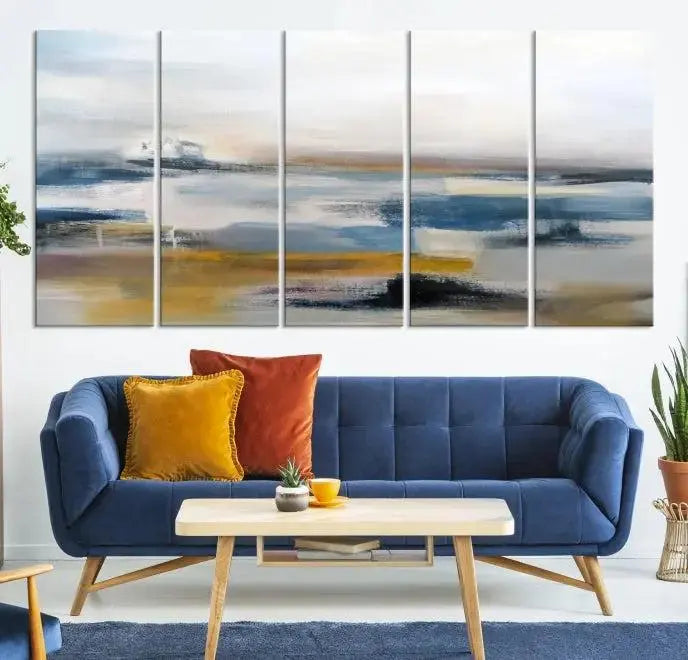 Abstract Landscape Wall Art Canvas | 3 Panel Modern Blue, Gold, and White Canvas Art for Living Room, Bedroom, or Office | Large Abstract Print