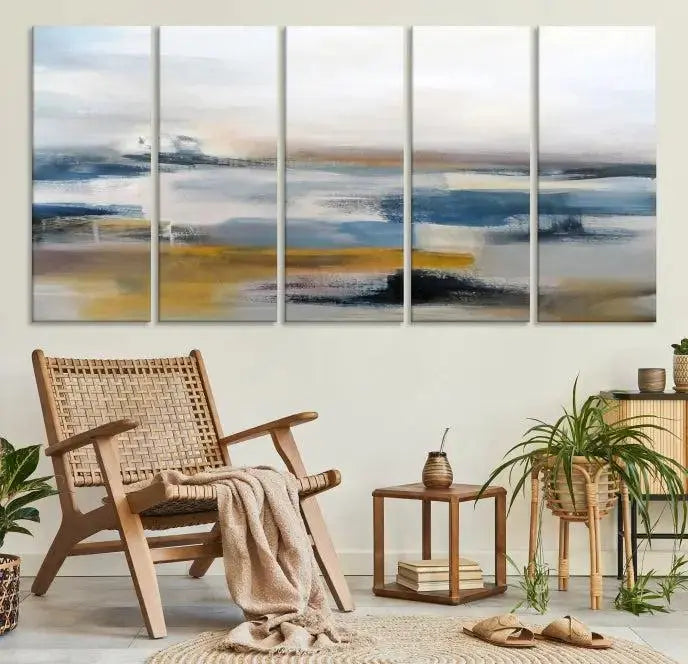 Abstract Landscape Wall Art Canvas | 3 Panel Modern Blue, Gold, and White Canvas Art for Living Room, Bedroom, or Office | Large Abstract Print
