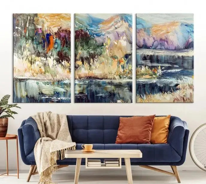 A stunning Abstract Landscape Waterfall Canvas Art, consisting of a 3-panel large wall art piece, beautifully adorns the space. This premium quality, ready-to-hang print adds elegance to the room.