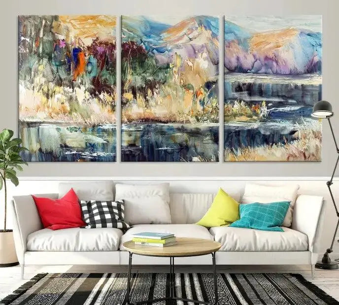 A stunning Abstract Landscape Waterfall Canvas Art, consisting of a 3-panel large wall art piece, beautifully adorns the space. This premium quality, ready-to-hang print adds elegance to the room.