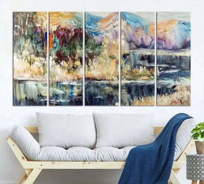 A stunning Abstract Landscape Waterfall Canvas Art, consisting of a 3-panel large wall art piece, beautifully adorns the space. This premium quality, ready-to-hang print adds elegance to the room.