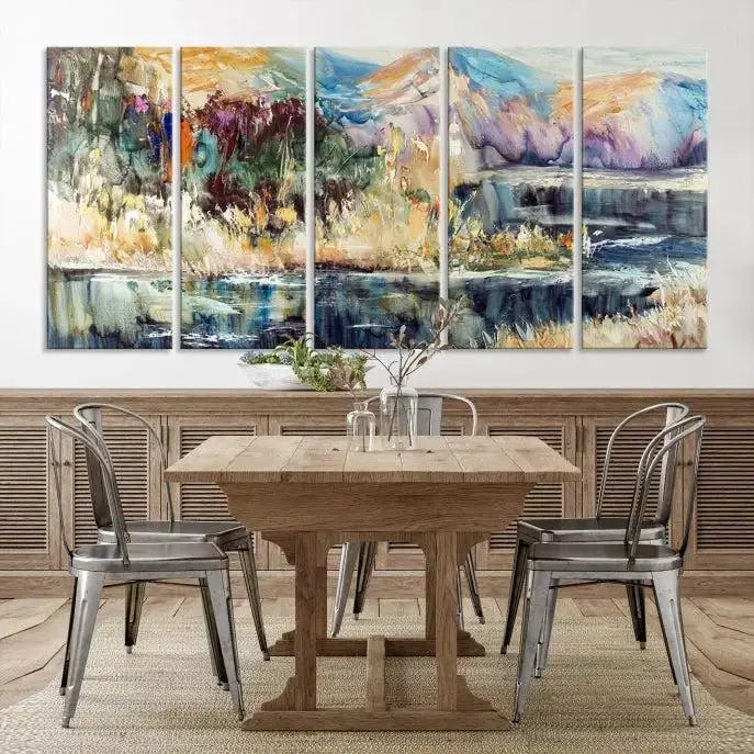 A stunning Abstract Landscape Waterfall Canvas Art, consisting of a 3-panel large wall art piece, beautifully adorns the space. This premium quality, ready-to-hang print adds elegance to the room.