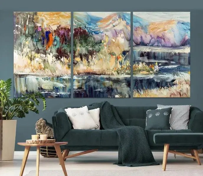 A stunning Abstract Landscape Waterfall Canvas Art, consisting of a 3-panel large wall art piece, beautifully adorns the space. This premium quality, ready-to-hang print adds elegance to the room.