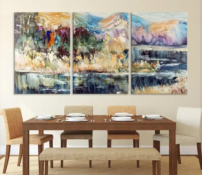 A stunning Abstract Landscape Waterfall Canvas Art, consisting of a 3-panel large wall art piece, beautifully adorns the space. This premium quality, ready-to-hang print adds elegance to the room.