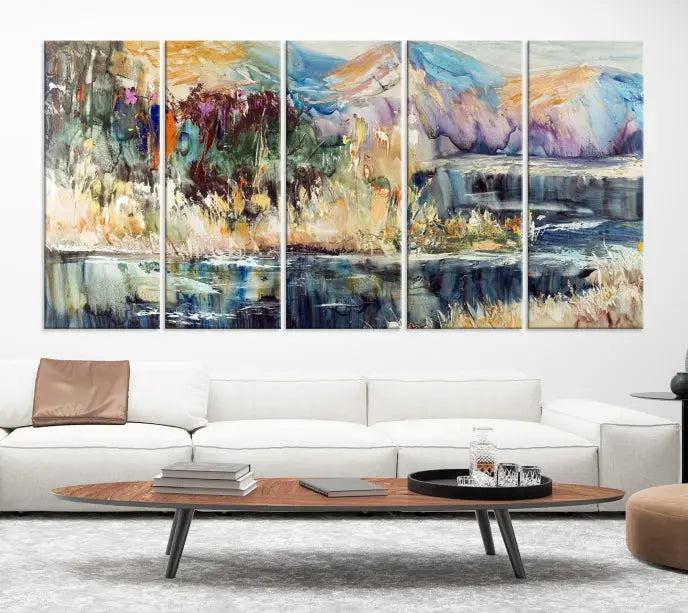 A stunning Abstract Landscape Waterfall Canvas Art, consisting of a 3-panel large wall art piece, beautifully adorns the space. This premium quality, ready-to-hang print adds elegance to the room.