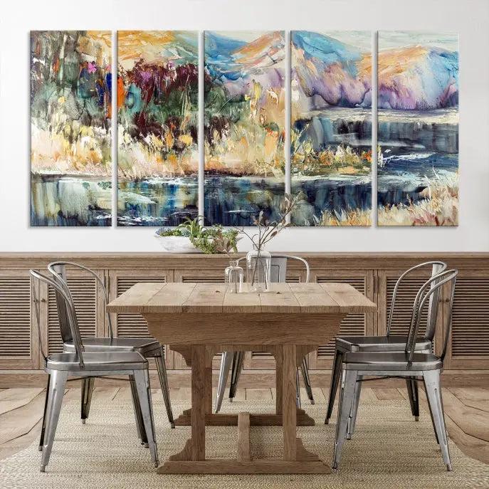 A stunning Abstract Landscape Waterfall Canvas Art, consisting of a 3-panel large wall art piece, beautifully adorns the space. This premium quality, ready-to-hang print adds elegance to the room.