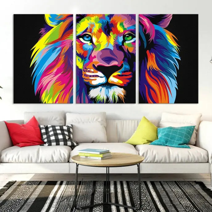 The "Abstract Lion Trendy Wall Art Canvas Print" is displayed on a gallery-wrapped canvas.