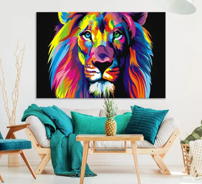 The "Abstract Lion Trendy Wall Art Canvas Print" is displayed on a gallery-wrapped canvas.