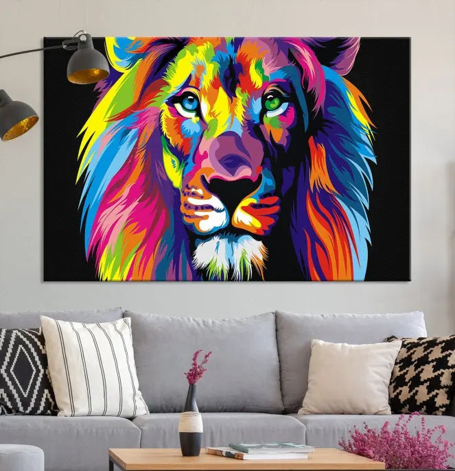 The "Abstract Lion Trendy Wall Art Canvas Print" is displayed on a gallery-wrapped canvas.