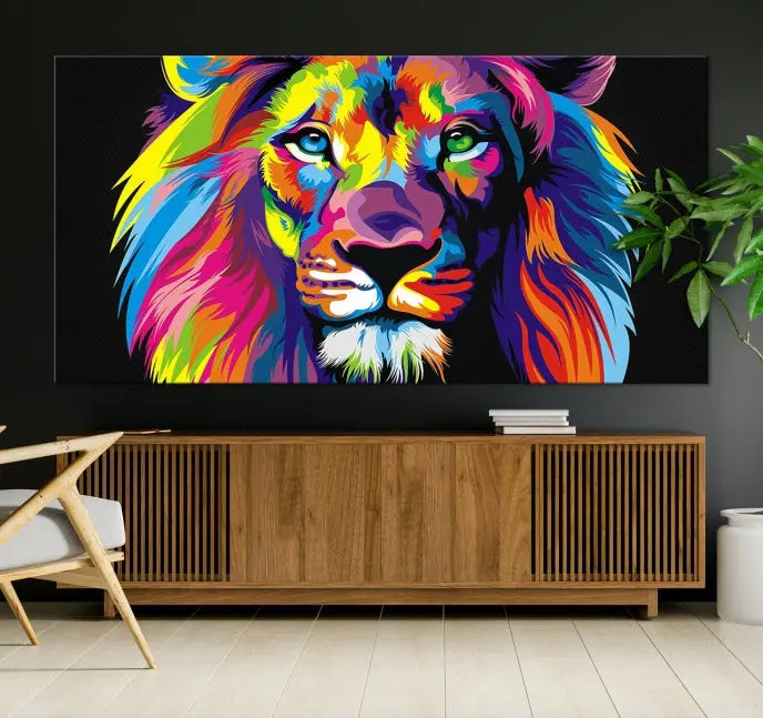 The "Abstract Lion Trendy Wall Art Canvas Print" is displayed on a gallery-wrapped canvas.