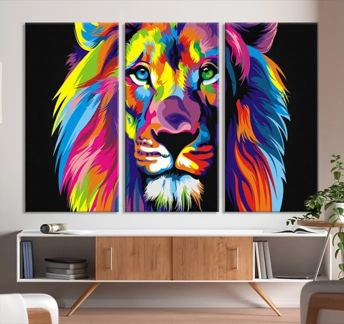 The "Abstract Lion Trendy Wall Art Canvas Print" is displayed on a gallery-wrapped canvas.