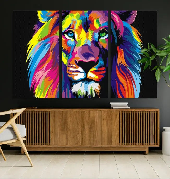 The "Abstract Lion Trendy Wall Art Canvas Print" is displayed on a gallery-wrapped canvas.