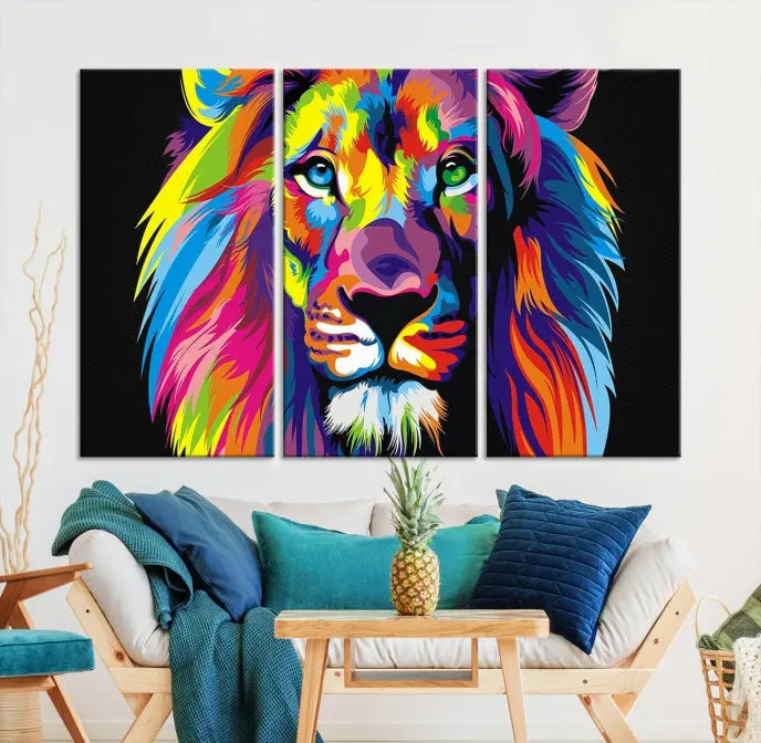 The "Abstract Lion Trendy Wall Art Canvas Print" is displayed on a gallery-wrapped canvas.