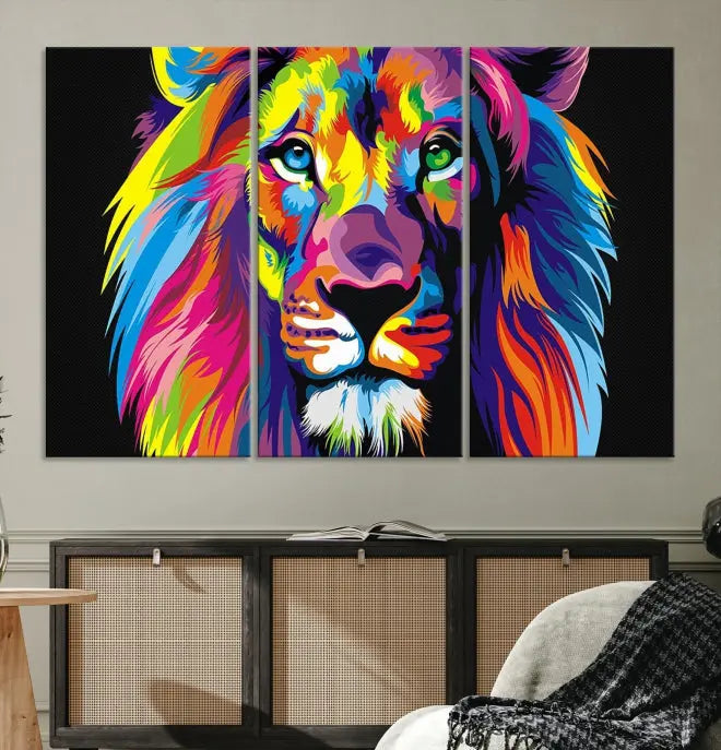 The "Abstract Lion Trendy Wall Art Canvas Print" is displayed on a gallery-wrapped canvas.