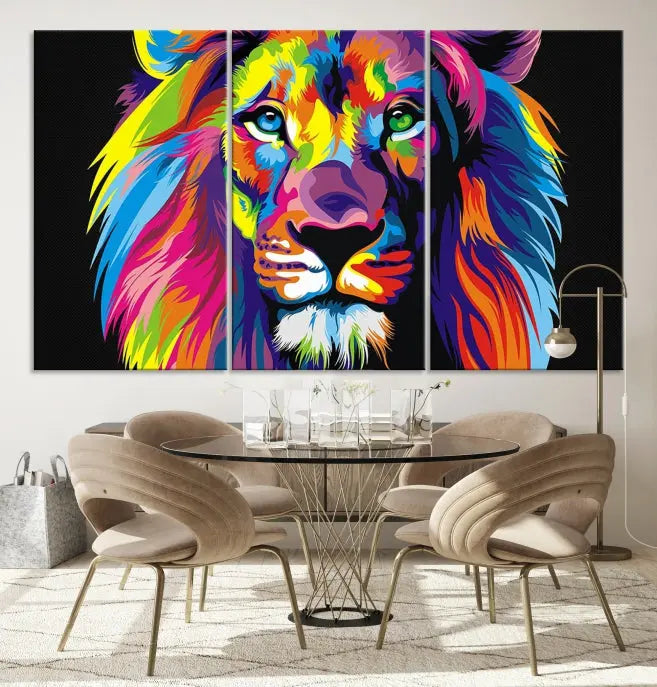 The "Abstract Lion Trendy Wall Art Canvas Print" is displayed on a gallery-wrapped canvas.