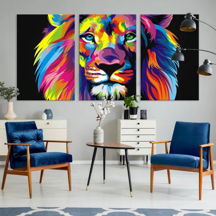 The "Abstract Lion Trendy Wall Art Canvas Print" is displayed on a gallery-wrapped canvas.