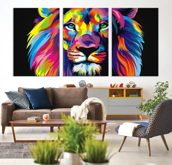 The "Abstract Lion Trendy Wall Art Canvas Print" is displayed on a gallery-wrapped canvas.