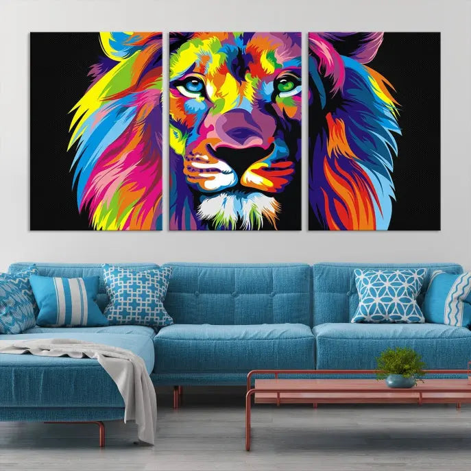 The "Abstract Lion Trendy Wall Art Canvas Print" is displayed on a gallery-wrapped canvas.