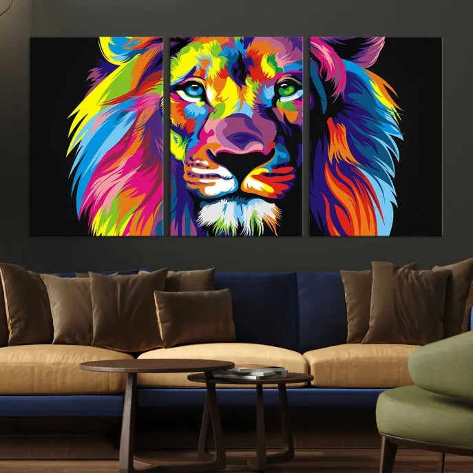 The "Abstract Lion Trendy Wall Art Canvas Print" is displayed on a gallery-wrapped canvas.