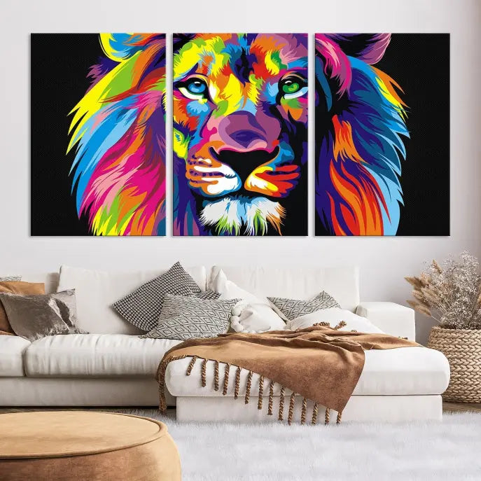 The "Abstract Lion Trendy Wall Art Canvas Print" is displayed on a gallery-wrapped canvas.