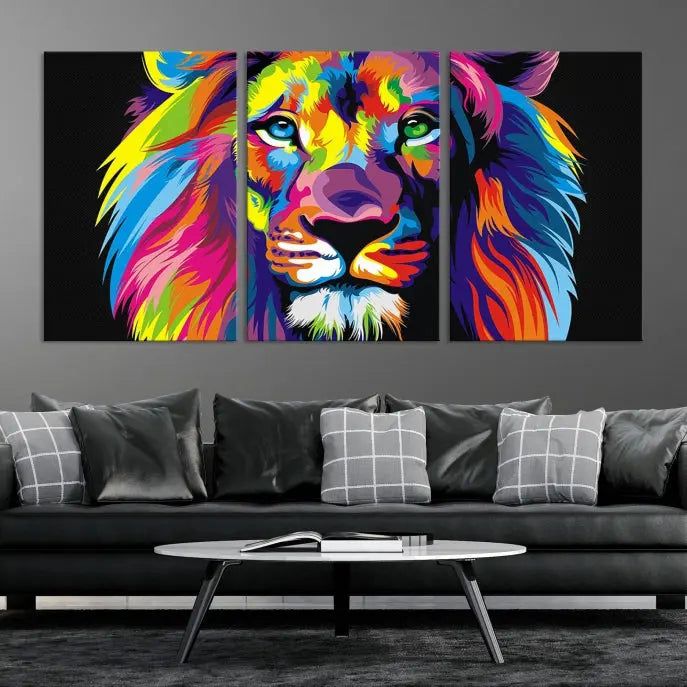 The "Abstract Lion Trendy Wall Art Canvas Print" is displayed on a gallery-wrapped canvas.