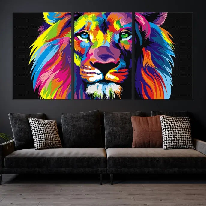 The "Abstract Lion Trendy Wall Art Canvas Print" is displayed on a gallery-wrapped canvas.