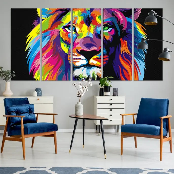 The "Abstract Lion Trendy Wall Art Canvas Print" is displayed on a gallery-wrapped canvas.