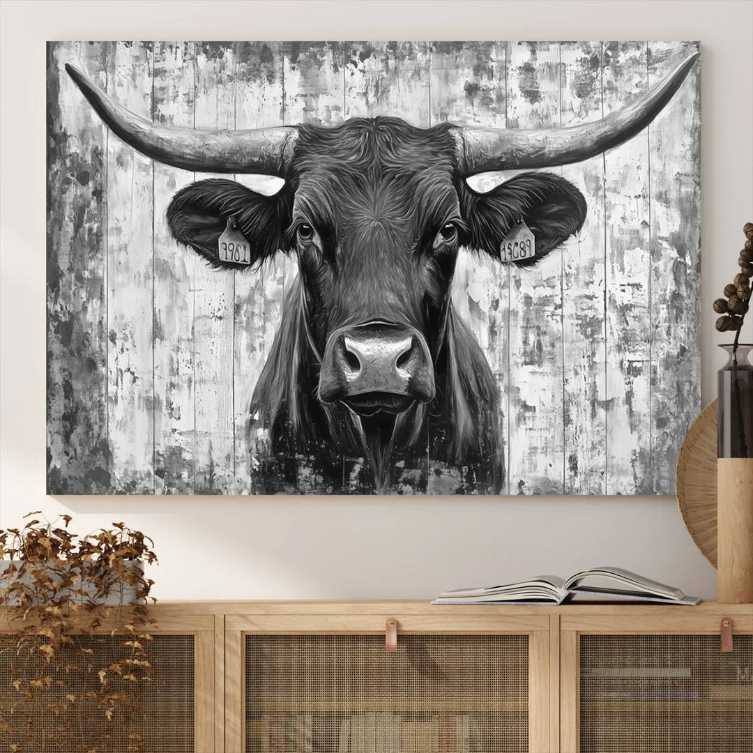 An Abstract Longhorn Bull Wall Art Canvas Print, featuring a rustic Texas western cow design, infuses the space with rustic charm and farmhouse wall decor.