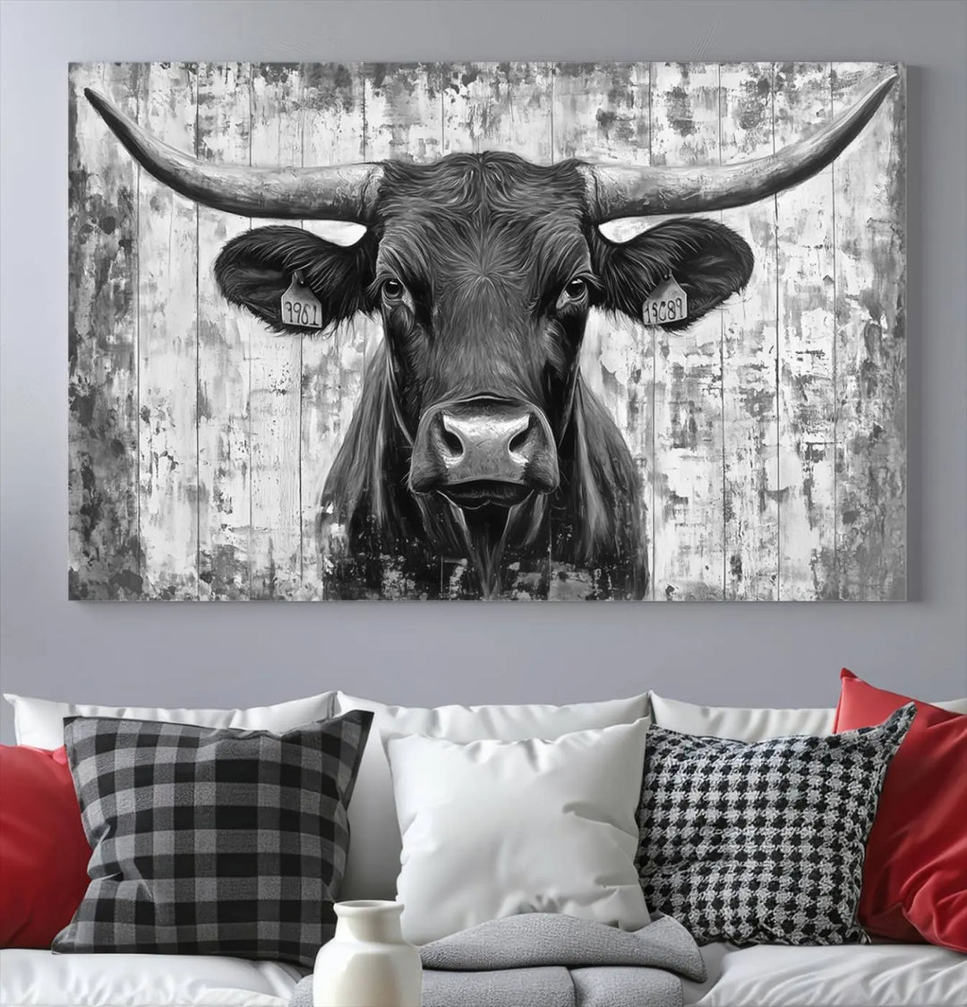 An Abstract Longhorn Bull Wall Art Canvas Print, featuring a rustic Texas western cow design, infuses the space with rustic charm and farmhouse wall decor.