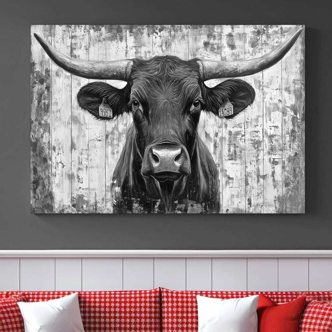 An Abstract Longhorn Bull Wall Art Canvas Print, featuring a rustic Texas western cow design, infuses the space with rustic charm and farmhouse wall decor.