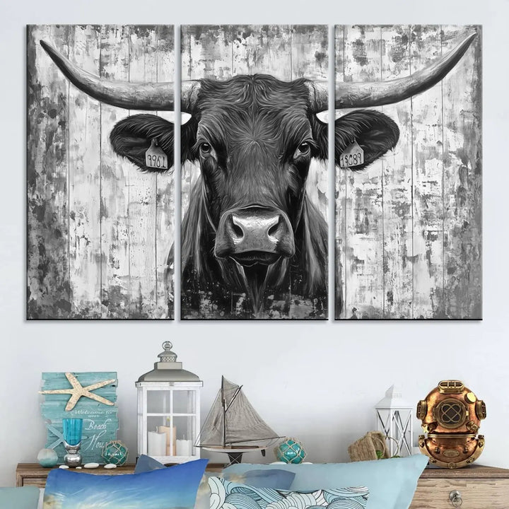 An Abstract Longhorn Bull Wall Art Canvas Print, featuring a rustic Texas western cow design, infuses the space with rustic charm and farmhouse wall decor.